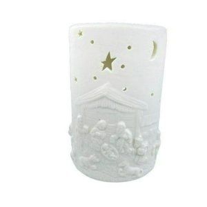 Ornamental Jade Porcelain Nativity Votive Candleholder 5in x 3.5in Holiday Decor